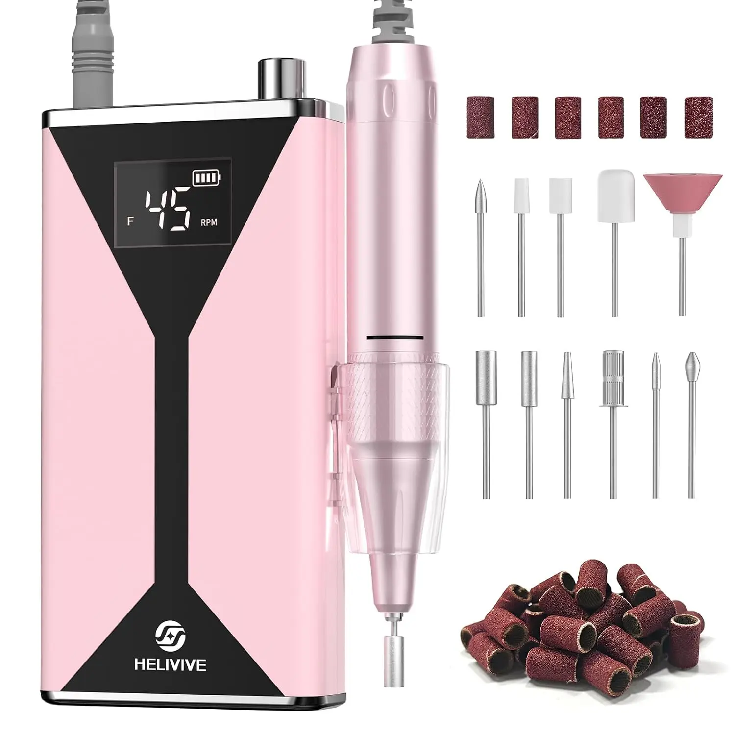 HELIVIVE Professional Nail Drill Machine 45000RPM Electric Nail File, Rechargeable Cordless Manicure Pedicure Tool with LCD Display, 4000mAh Battery, Low Noise, 11pcs Nail Drill Bits for Acrylic Gel Nails