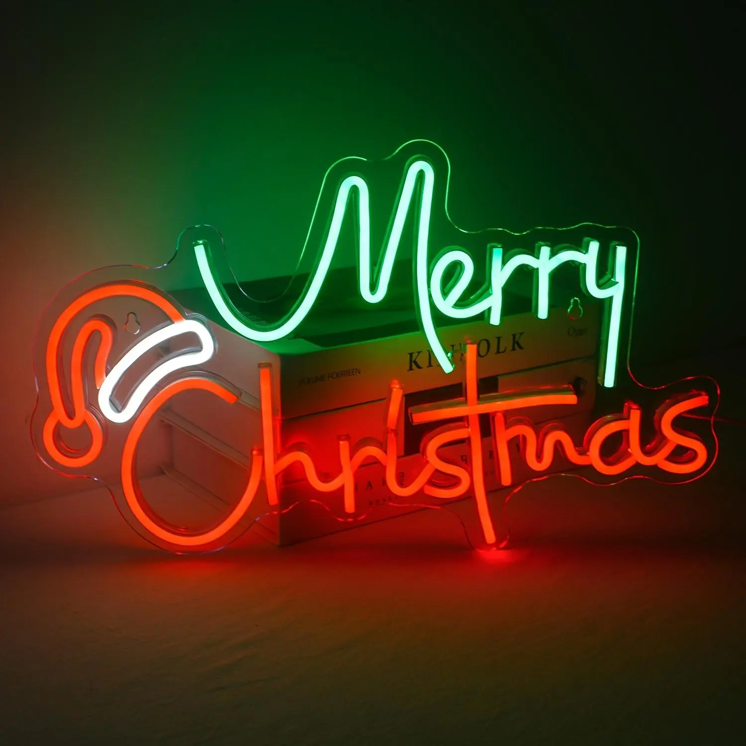 Merry Christmas Neon Sign, Personalized Sign LED Letters and Christmas Hat Glowing Wall Hanging Neon Light, USB Powered Decorative Light for Home, Office, Shop