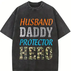 Husband Daddy Protector Hero Retro Print Men'S 230G Combed Washed T-Shirt, Street Short-Sleeve Top, Trendy Vintage Style, Spring Summer Crew Neck Top, Suitable for Summer Daily Casual Wear, Gift for Dad, Father'S Day Gift