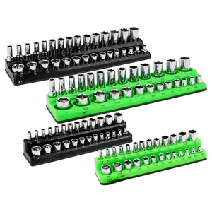 GARDEN TOOLS Magnetic Socket Organizer Set, 4PCS Socket Holder Set Includes 1/4", 3/8" Drive Metric SAE Socket Trays green rubber socket tray professional hand work equipment tool box garage organization hand tool cool mechanic Socket Organizer