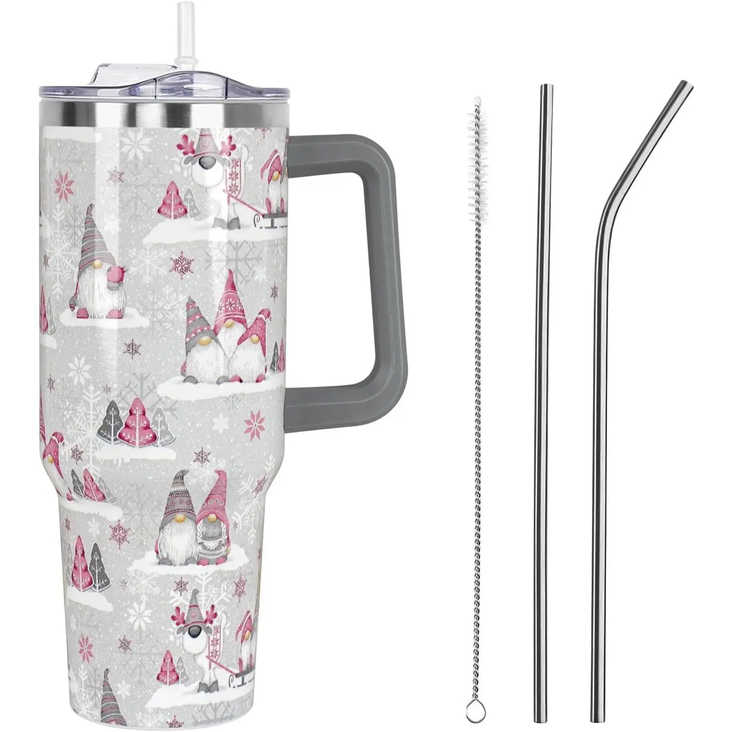 40oz Double-Wall Vac. Vacuum Insulated Thermal Stainless Steel Tumbler - Leak-Proof Reusable Coffee Mug with Handle, Straw Lid, Cute Gnome Snowflake Design, Christmas Winter Kitchenware, Holiday Gift for Moms (Pink), Insulation, Teachers