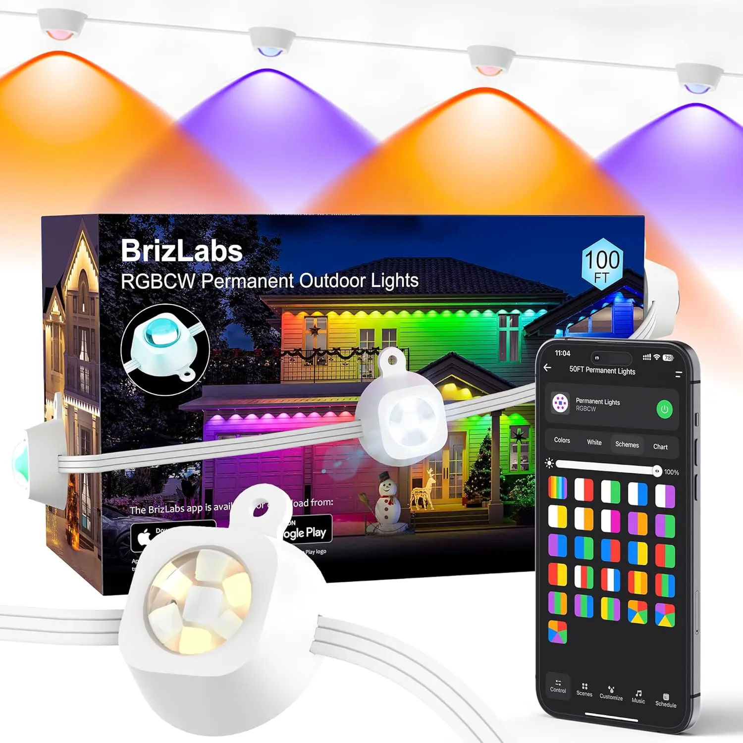 BrizLabs Permanent Outdoor Lights, 100ft 60 LED RGBCW Smart Christmas House Lights with 200+ Custom Scene-Color Effects, Waterproof Eave Light for Christmas, Halloween, Alexa, Google Assistant Enabled, Warm Lights, Programmable Led Light