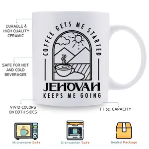 1pc Funny Christian Coffee Mug - "Coffee Gets Me Started, Jehovah Keeps Me Going" Inspirational Design, 11oz Ceramic Mug with Mountain Sunrise Art, Perfect Gift for Believers, Office, Home, Church (Birthday, Christmas, Thanksgiving), Home Beverage Mug |