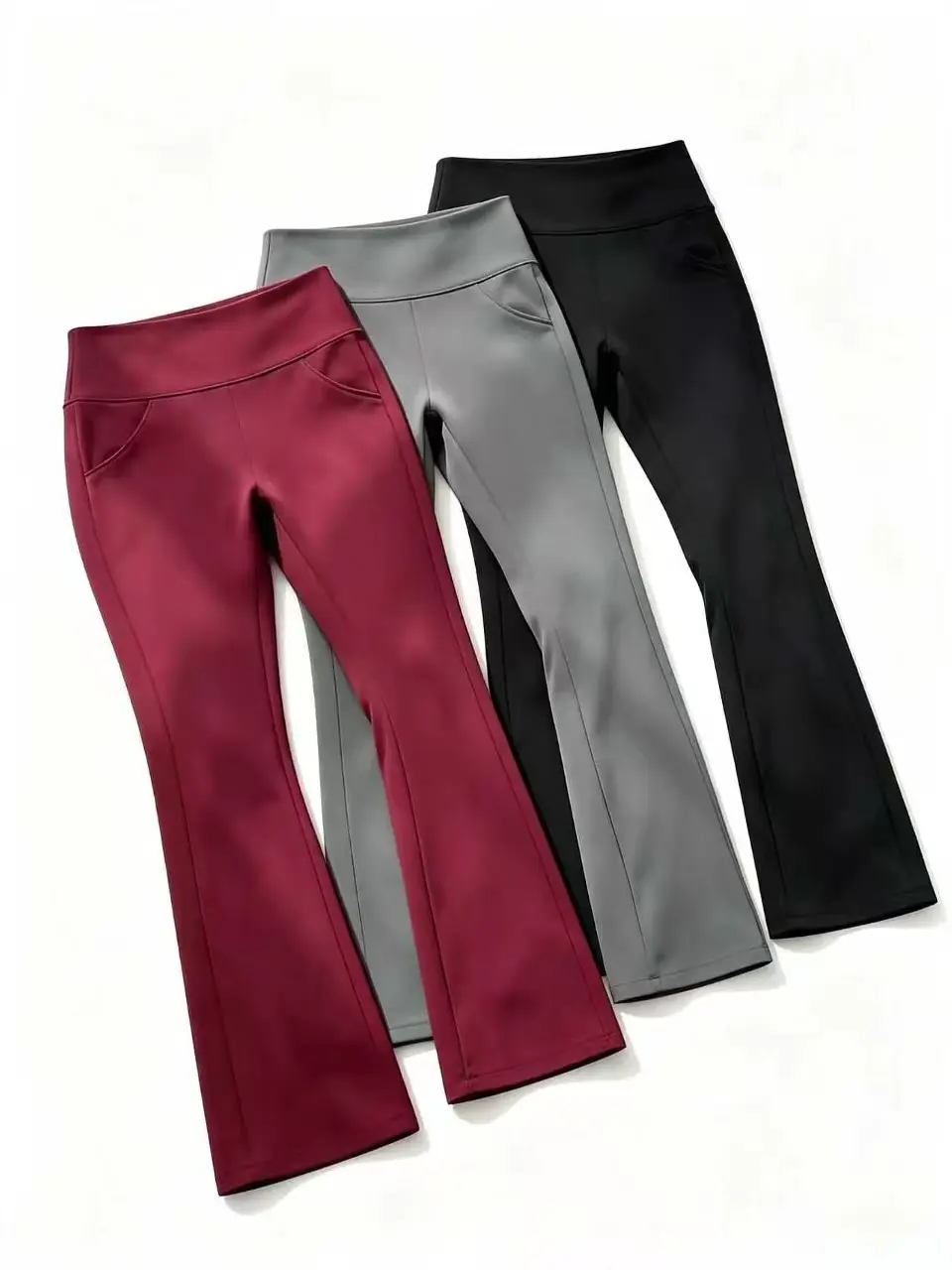 Women Multi‑Color Flared Work Pants 3‑Pack | Women Stretch Pull‑On, Side Pockets Tummy Smoothing Office Casual Bottoms travel track outfit season trouser high waist casual pant going flowy
