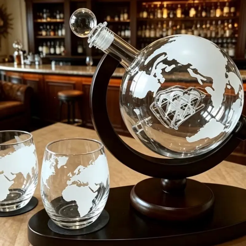 Spherical Whiskey Decanter Set with Embedded, Embossed Sailboat for Whiskey Serving and Storage