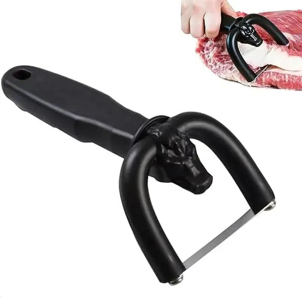 Stainless Steel Hand-Held Meat Fat Trimmer Tool with U-Shaped Curved Holder, Manual Slicer for Beef & Pork Prep, Kitchen & BBQ Accessory