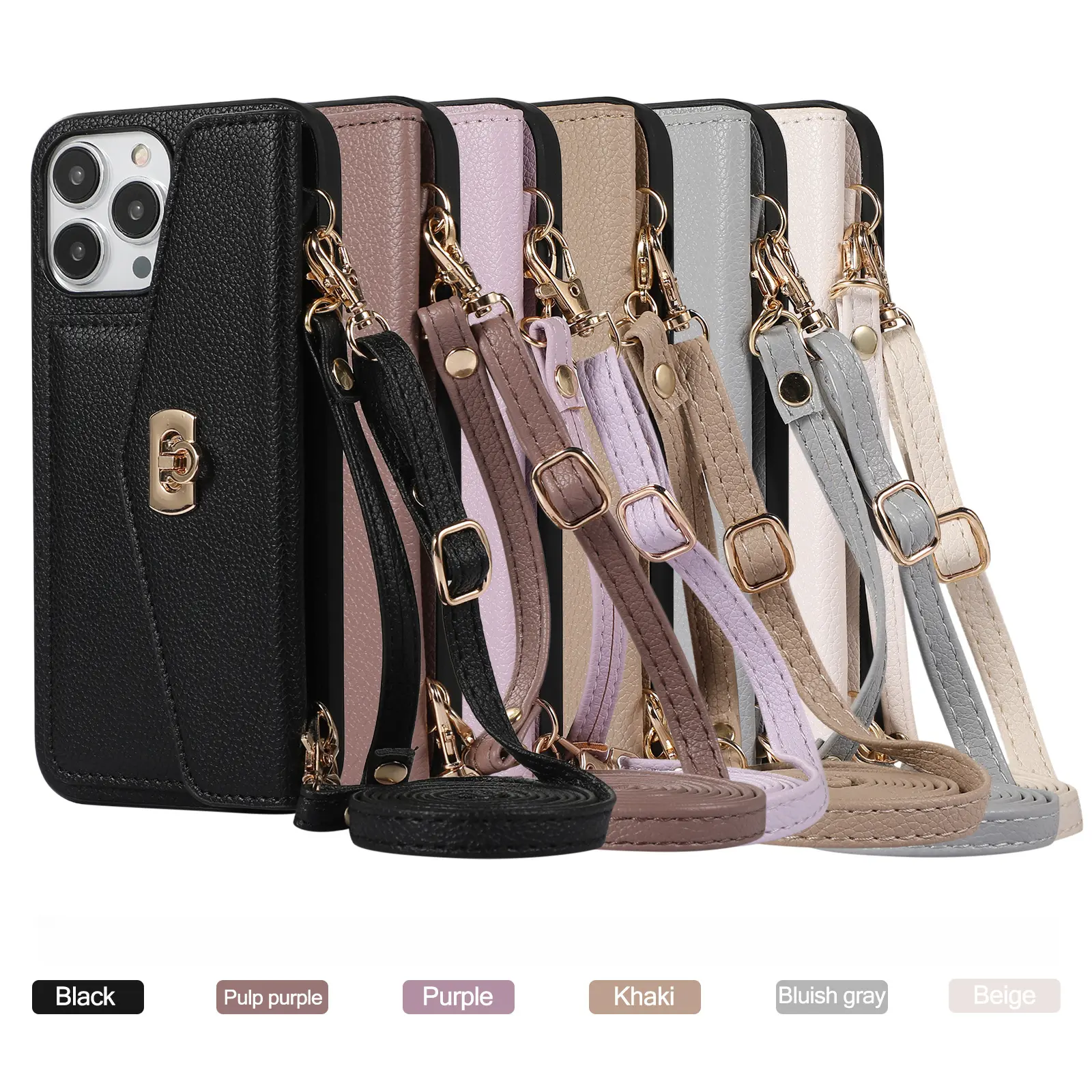 Litchi Texture Leather Crossbody Wallet Phone Case for iPhone Series, Multi-Colors TPU Slim Cover with Adjustable Black Strap, Card Pocket, Shockproof Protection, Camera-Safe Accessory for Girls, Black + Handheld & Crossbody Strap
