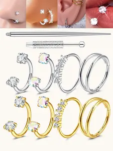 6 Piece Cz Stainless Steel Horseshoe Nose Rings, Nose Piercing Jewelry, Heart Cz Design, 8mm Inner Threaded Hoop Earrings, Suitable for Cartilage, Tragus, Lip Piercings