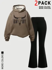 Women's Thick Warm Hooded Sweatshirt & Comfortable Flared Pants Set, Casual Fashion with Cow Head Pattern, Perfect Gift for Mom