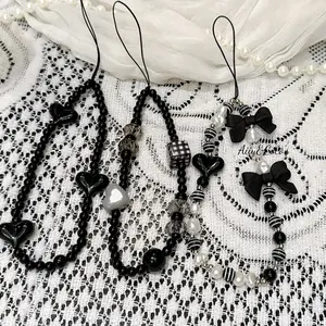 3 Pcs Phone Charms Strap  Phone Strap bowknot  Heart shaped black and white style Cute Lanyard Chain for Camera Keychain Wallet Pendant Decor sweet cool black three-dimensional bead chain rope anti-lost short wrist lanyard DIY handmade beaded rope