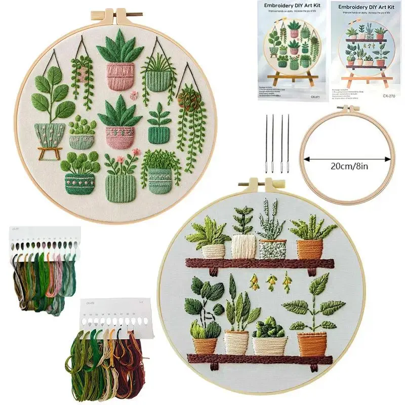 Beginner-Friendly DIY Embroidery Flower Kit - Handmade Needlework Set with Potted Plants Design, 20cm/8in Hoop Frame, Thread Set, English Guide for Indoor Hobbies