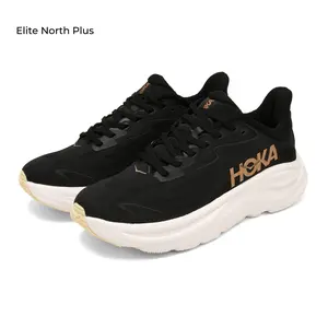 Black Breathable Mesh Upper with Bronze Gold HOKA Logo Off-White Wavy Thick Cushion Foam Outsole Low Top Running Sneakers Daily Outdoor Fitness Trainers