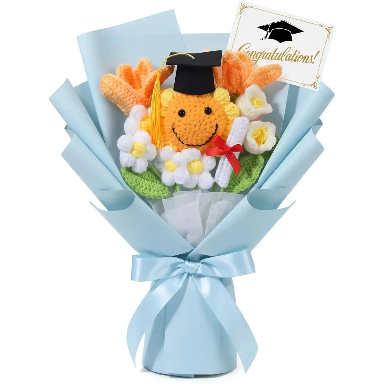 Dingion Handmade Yarn Crocheted Sunflower Graduation Bouquet with Mortarboard, Photo-Worthy Decor, Greeting Card - Class of 2026 Grad Gift for Her, Blue Graduate Keepsake