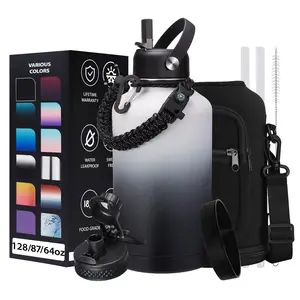 32OZ 40OZ 64OZ 128OZ Stainless Steel Water Bottle with Paracord Handle, Straw/Spout Lid, 1Gallon Vacuum Insulated Water Flask Jug, Leak-proof Large Sports Jug for Outdoor Hiking Biking Travel Camping