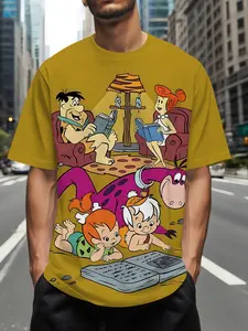 Caveman family time! Parent-child co-reading 3D digital printed T-shirts, casual and versatile sporty men's crew neck short sleeves, suitable for daily wear, a perfect holiday gift for men.