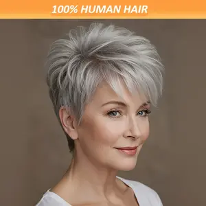 "150% Density Brazilian Remy Human Hair Short Straight Layered Grey Salt & Pepper Glueless Wig For Women Natural Look Rose Net Cap Secure Fit No Glue Ideal For Daily Party & Mother's Day Gift "	