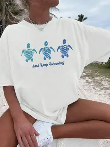 Viral Trendy Coastal Cowgirl Aesthetic Graphic T-Shirt, Just Keep Swimming Ombre, Gradient Sea Turtle Print, Oversized Slouchy Soft Breathable Tee, Y2K Summer Beach Vacation Top, Ideal for Casual Days, Ocean Vibes Outfits, Everyday Loungewear