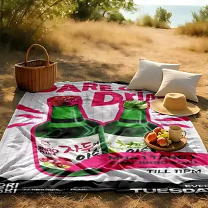 1 piece Jinro Soju Buy One Get One Free Promotion themed flannel blanket - Oversized fluffy warm sofa blanket, suitable for beds and sofas, modern geometric pattern design, all-season use, digital printing, 100% polyester material, machine