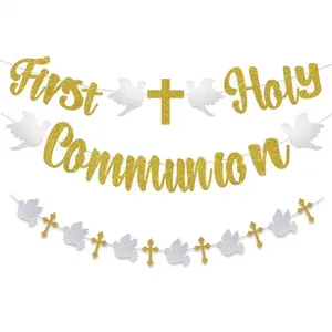 First Communion Banner - Baby Baptism Decoration, First Communion Colorful Flag Banner, Religious Baptism Party Decorations With Golden Sequins