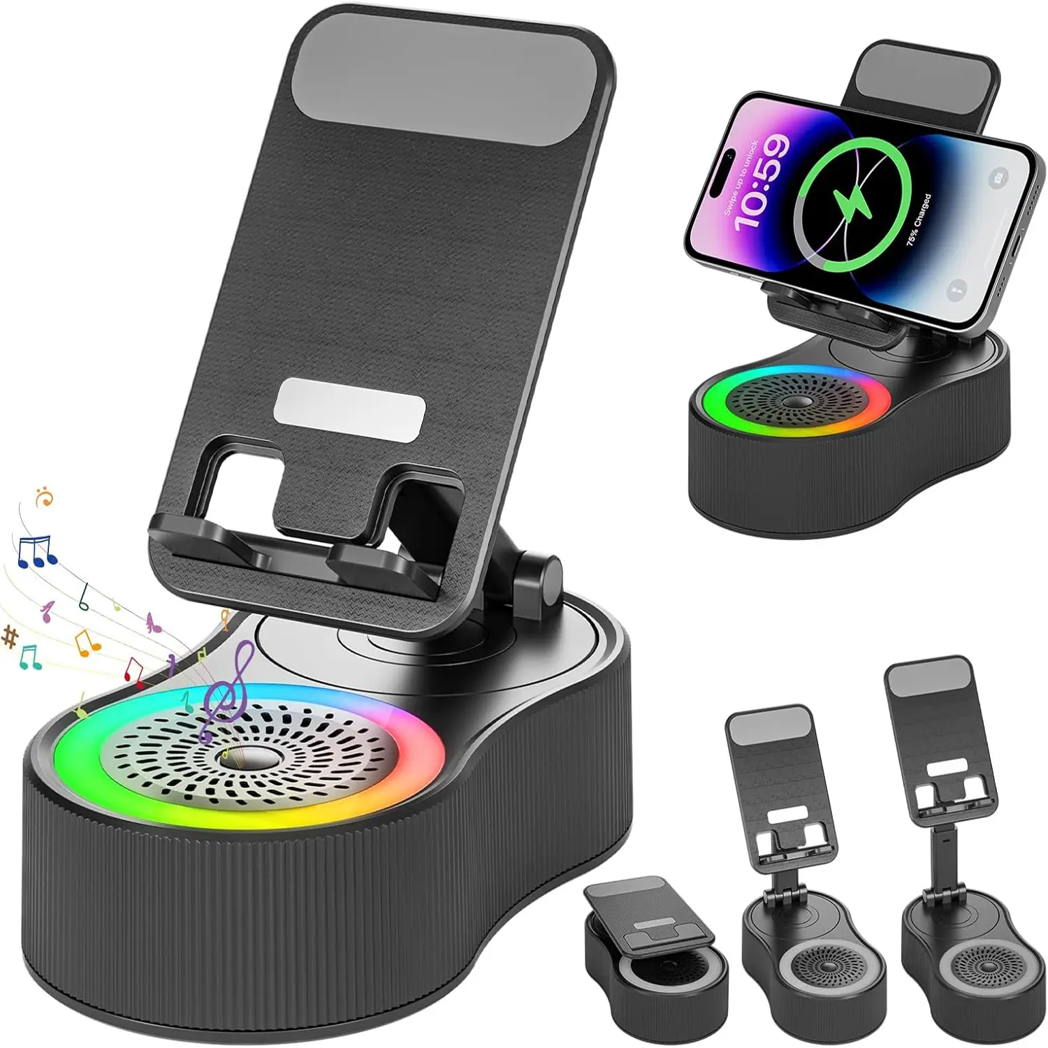 Rechargeable MultifunctionalCell Phone Stand with Bluetooth Speaker - Wireless Bluetooth Speaker with 360° Rotatable Phone Holder, Multifunctional Adjustable Stand with Charging Compatible with Tablet for Home Desk ,Suitable for All Mobile Phones, Gifts