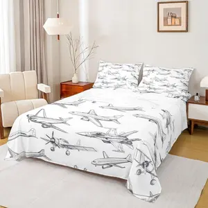 Airplane Sheet Set,Aircraft Bedding Set for Kids Girls Boys Teens Bedroom Decor Black White Sketch Print Bed Sheet Flying Theme Fitted + Flat Sheet
