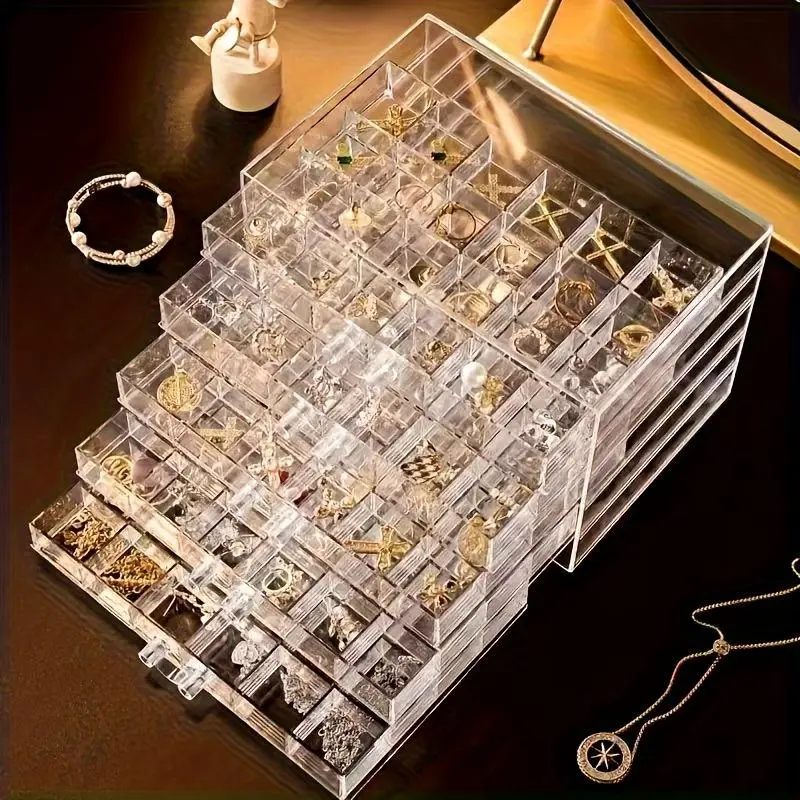 Modern Multi-Layer Clear Stackable Drawer Jewelry Organizer, Compartmentalized Organizers, Durable Plastic Organizers, Plastic Desktop and Vanity Storage Box with Multi-Compartment, Anti-Tangle, Space-Saving for Necklaces, Bracelets, Earrings, Rings