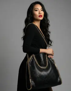 Elise Convertible Tote - Black Snake Print Bag with Gold,Silver, or Black Chain - Versatile 13.8" L x 3.5" W x 15.7" H - Folded Mini, Carry-all Tote, Oversized Clutch