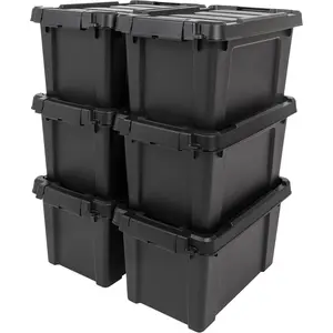 5 Gallon Lockable Storage Bins with Lids 6 Pack Made in USA Heavy Duty Stackable Containers Garage Organizing Bins Moving Tubs Rugged Sturdy Equipment Utility Box Black