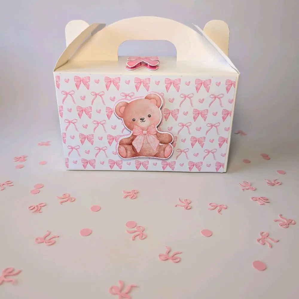 Coquette Teddy Bear  Treat Box with Adorable Pink Bow Design and Heart Accents for Kids Parties