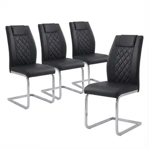 Dining Chairs Set 4, High Back Black Kitchen Chairs,Waterproof Faux Leather Dinner Chairs with Upholstered Seat,Armless Side Chair with Chrome Plate Metal Legs for Kitchen Dining Room