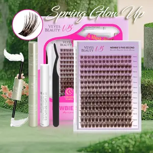 VEYESBEAUTY Dreamy-Brown Cluster Lashes Eyelashes Cluster Individual Lash Extensions with Bond & Seal Tweezer Dramatic Volume Eyelash Makeup Cosmetic Application at Home