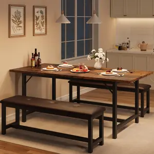 GARVEE 63" Dining Table Set for 4-6, Large Extendable Kitchen Table Set with 2 Upholstered Benches for 6, 3 Piece Rectangle Dining Table Set for 4 for Apartment, Saving Space, Retro Brown