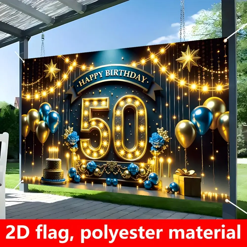 1pc Golden 50th Birthday Luminous Number Backdrop - 2D Flat Durable Polyester Banner with Cake, Balloon, Stars Design, Reusable Indoor/Outdoor Milestone Decoration for Instant Party Scene