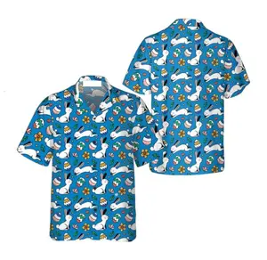 Hopping Easter Bunny and Painted Eggs Hawaiian Shirt, Cute Bunny Easter Button Down Shirt, Spring Break Party Aloha Shirt for Adults and Youth