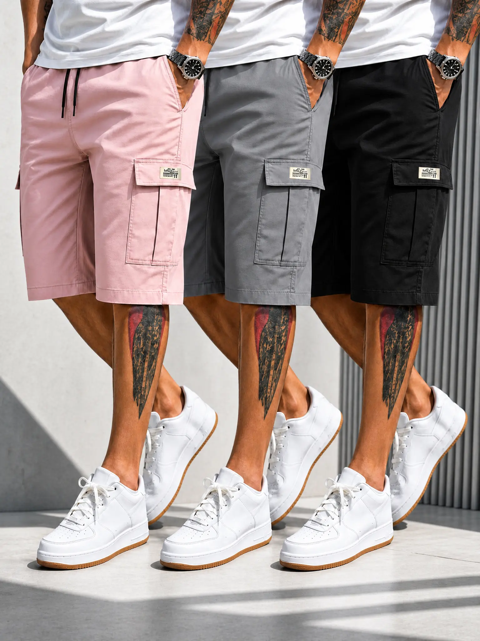 Men's Fitted Matching Shorts Set - Casual Summer Drawstring Color-Mixed Shorts, Lightweight Breathable, Slanted Multipocket, Versatile Everyday Beach Gym Wear Brown, Black, Green, Pink, Color-Mixed Men's Shorts, Fitted Men's Shorts Activewear Athl,,c,pant
