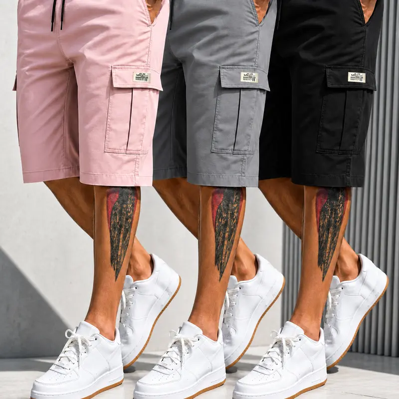 URMCZ Men's Fitted 2-Piece Matching Shorts Set - Chic Preppy, Breathable Cool Drawstring Color-Mixed, Lightweight 4-Way Stretch, Slanted Multipockets, Rhinestone-Accented (Black, Brown, Green, Pink) for Work & Beach Wear