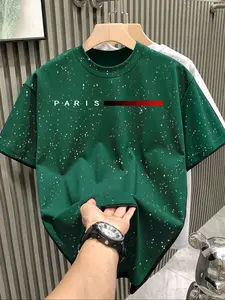 New Men's Black Galaxy Splatter "PARIS" Letter Printer Tee, Starry Night Fleck Craft, Vintage Baseball Number Print, Loose Hip-Hop Fit, Silver Stamped Fabric, Street American Style, Unisex Couple Wear, Round neck