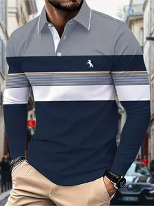 Men'S Long-Sleeve Polo Shirt with a Color-Block Theme And 3D Digital Printing, Featuring Everyday Striped Patterns, Suitable for All Adult Men And Teenage Boys.