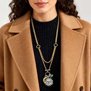 Sun & Moon Layered Necklace – Boho Celestial Jewelry for Women, GF & Mom Gifts, 3-in-1 Design with Sun Moon & Star Pendants, Soft Brown Cords & Gold Chains, Perfect for Layering
