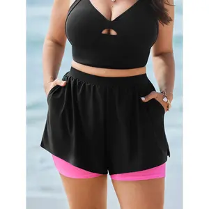 BLOOMCHIC Plus Size Color Contrast Layered Hem Pocket Swim Bottoms - Tummy Control Activewear Summer Swim Shorts, M-6X Sizes, 2026 Mother's Day Pick 2026 Summer Vibes Swimweek