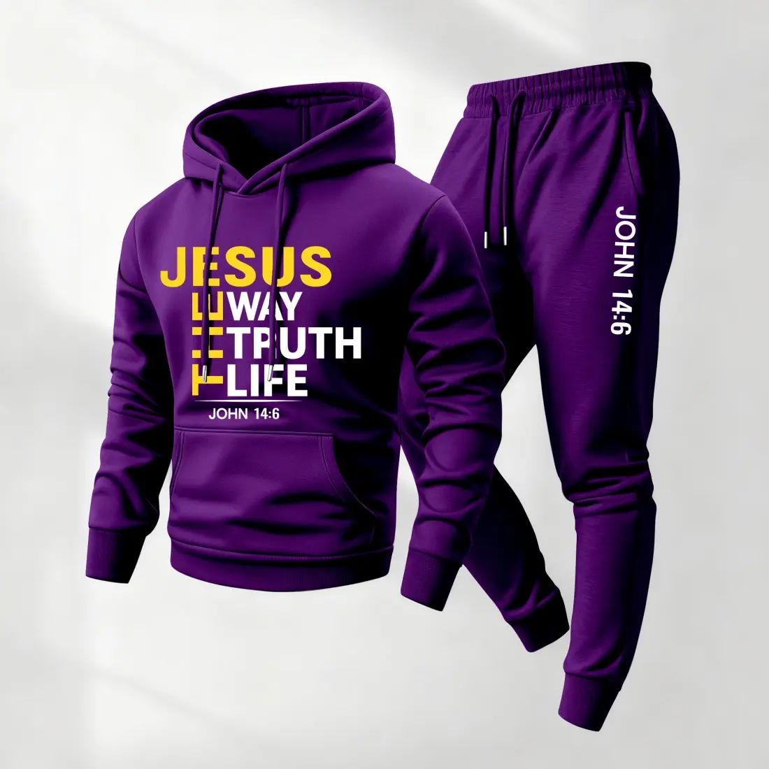 Men's 2-Piece Christian Jesus Printed Soft Polyester Fabric Longsleeves Hoodie & Drawstring Sweatpants Set - Mensfashion Casual Athletic Tracksuit for Fall Winter Daily Indoor Outdoor Wear