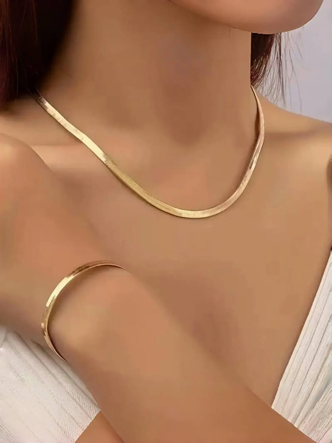 Women's Sexy Minimalist Plated Flat Snake Chain Design Necklace & Bracelet Set, Alloy Material, Elegant Jewelry Set, Perfect for Daily Wear
