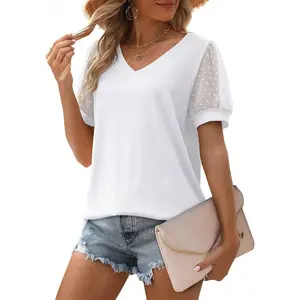 Women's V-neck puff sleeve T-shirt, Swiss polka dot transparent shirt, business casual fashion work shirt, suitable for work and summer casual wear