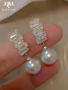 Elegant Vintage Copper Earrings with Zircon Inlaid & Faux Pearl Drops, Sophisticated Fashion Style, Women's Jewelry for Daily Wear, Parties, Holidays, High Quality Earrings