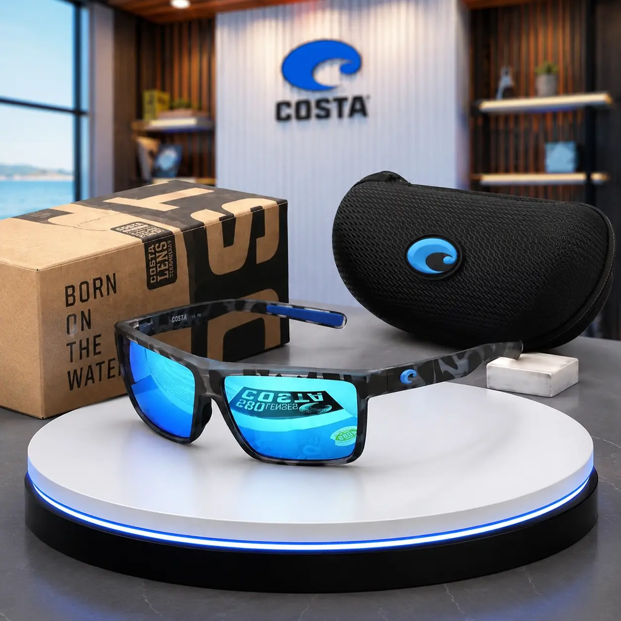Costa 580P Blue Mirror Polarized Sunglasses – Gray Black Camo Rectangle Frame, Blue Logo Detail, Men’s Fishing Outdoor Sports Eyewear, Protective Case, Ship 7–15 Days