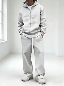 Men's 1-Piece Stylish Greyset Outfits, Loose-Fit Long Sleeve Casual Drop-Shoulder Zip-Up Hooded Sweatshirt Cardigan + Drawstring Pocketed Sweatpants, Mens Clothing for Spring, Autumn, Everyday Wear