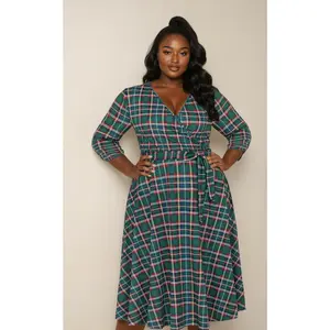 Plus Size Plaid Christmas Dress for Women, V-Neck Floral Cocktail Party Midi Dresses with Pocket - Plus Size Holiday Dress