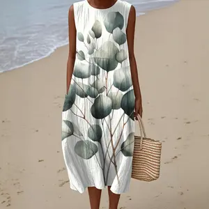 Women's Sleeveless Dress -- Eucalyptus Minimalist Vol 3 - Casual Summer Dresses Women Sleeveless Faux Linen Maxi Dress A-Line Sundress Breathable Fabric Beach Black