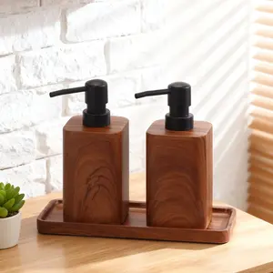 Nordic Style Eco-Friendly Resin Walnut Wood Grain Press Pump Liquid Dispenser Bottle, Kitchen Soap Dispenser, Clear Texture, Heavy Feel, Ideal for Bathroom & Kitchen