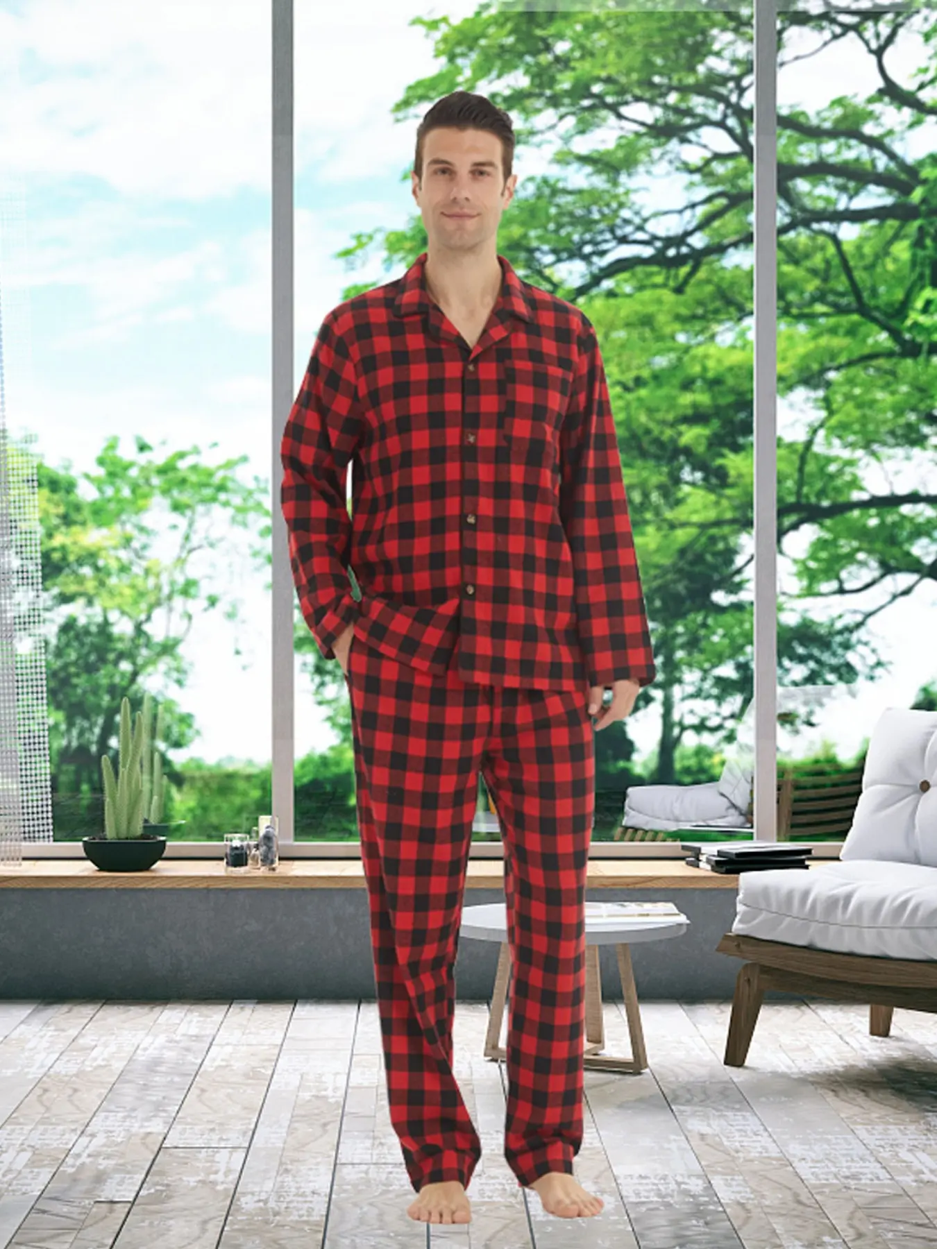 Men's Flannel Long Sleeve Pajama Set, Soft Casual Plaid Sleepwear Loungewear for Spring & Fall, Loose Fit Woven Fabric, Autumn Winter